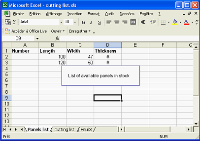 The cutting list chosen for example